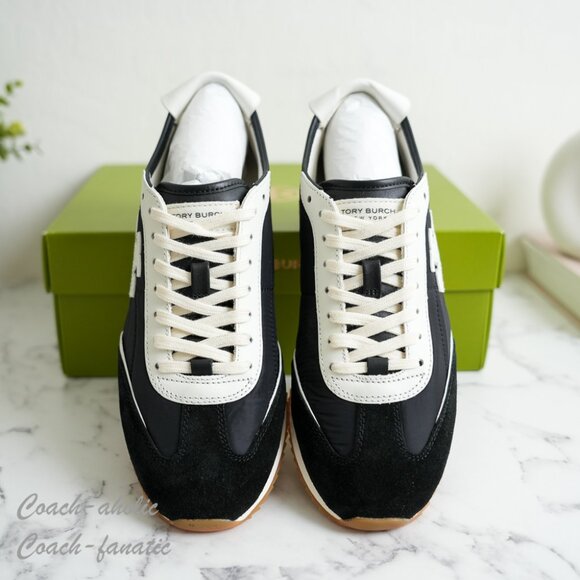 NIB Tory Burch T-Logo Nylon Suede Vintage Sneaker 2.0 in Black/White - Picture 2 of 11